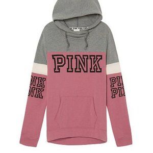 PINK Victoria's Secret Begonia Gray Gray Colorblock Cross Neck Pullover Hoodie